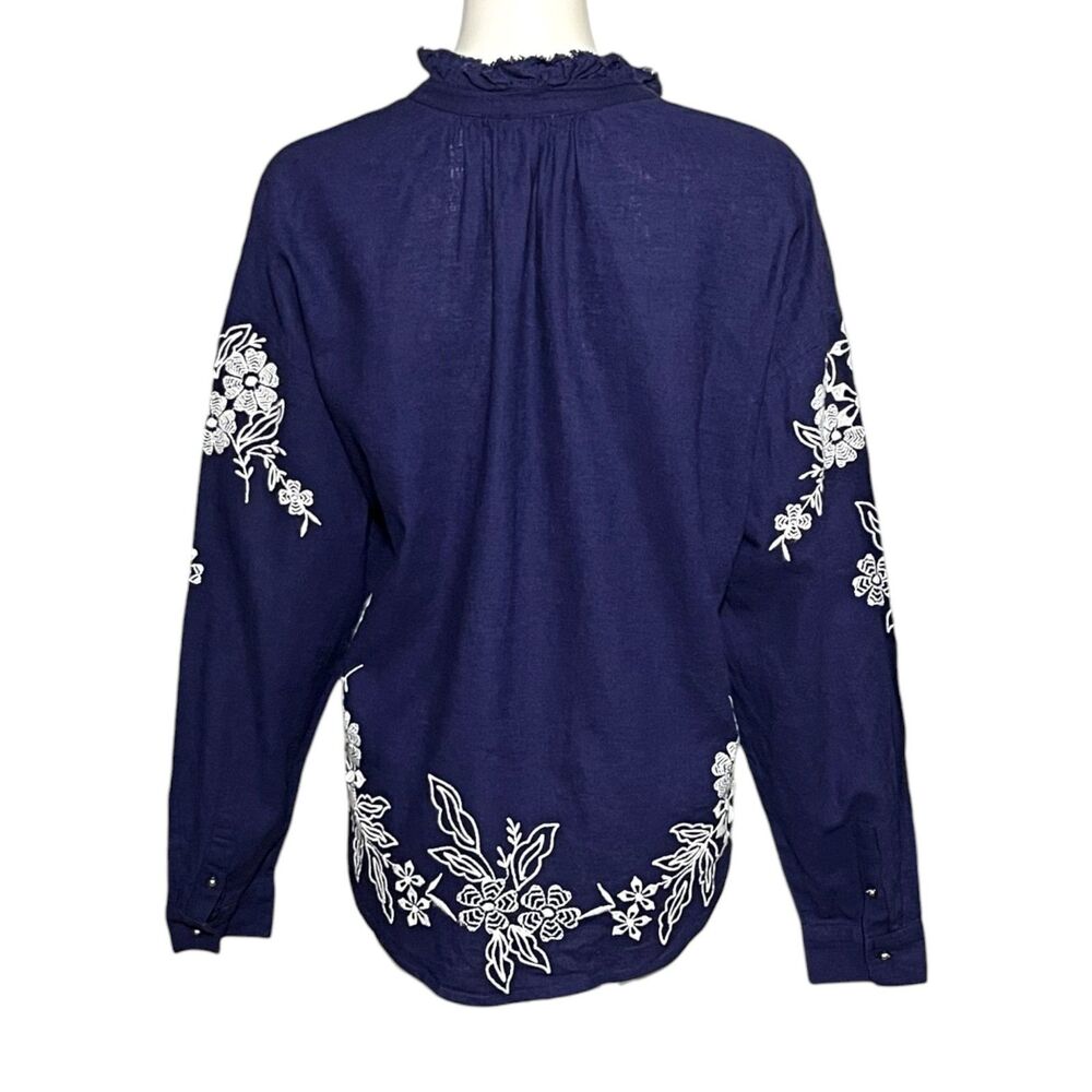 Pilcro Tavi Embroidered Linen Blend Blouse Navy Floral Ruffle Neck Size Large - Picture 3 of 11